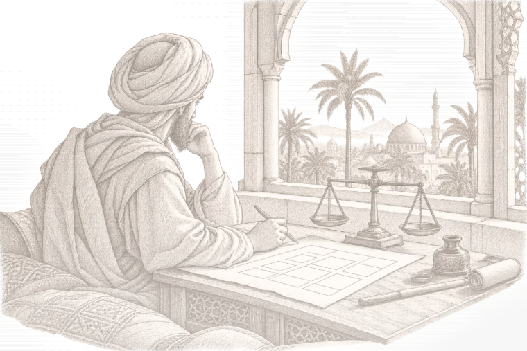 رسمٌ بالقلم: عالمٌ قديم يتأمّل أمام ميزانٍ متوازن على مكتبه، ونافذةٌ تطلّ على نخيلٍ وقباب.