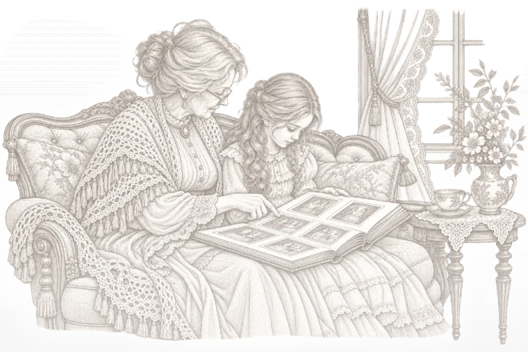 رسمٌ بالقلم: جدّةٌ وحفيدتها على أريكة تتصفّحان ألبوم صورٍ قديمًا.