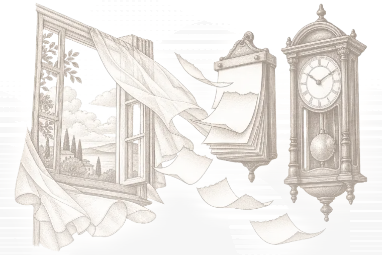 رسمٌ بالقلم: أوراق تقويمٍ جداريّ تتطاير من نافذةٍ مفتوحة، وساعة حائطٍ ذات بندول.