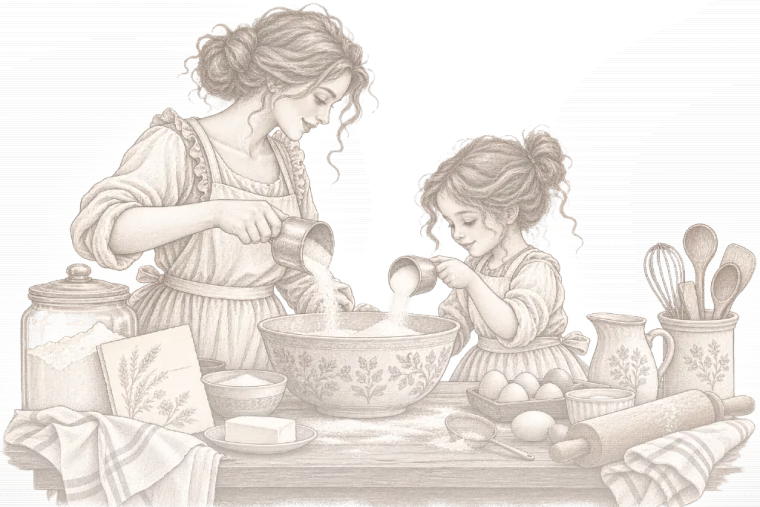رسمٌ بالقلم: أمٌّ وابنتها تكيلان الطحين بالأكواب في مطبخ.