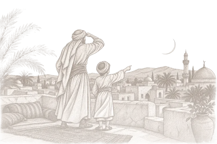 رسمٌ بالقلم: رجلٌ على سطح بيتٍ يتطلّع إلى الأفق، وطفلٌ يشير إلى هلالٍ رفيع.