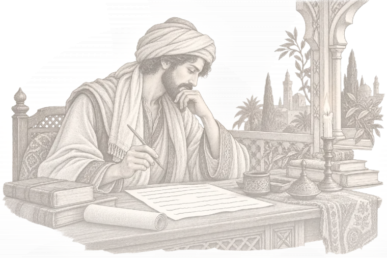 رسمٌ بالقلم: شاعرٌ يكتب بقلم قصب، يتوقّف ليتأمّل سطره.