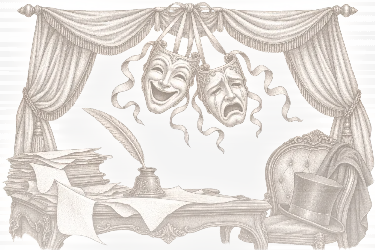 رسمٌ بالقلم: قناعا المسرح، الضاحك والباكي، فوق مكتب كاتبٍ عليه ريشةٌ ومحبرة.
