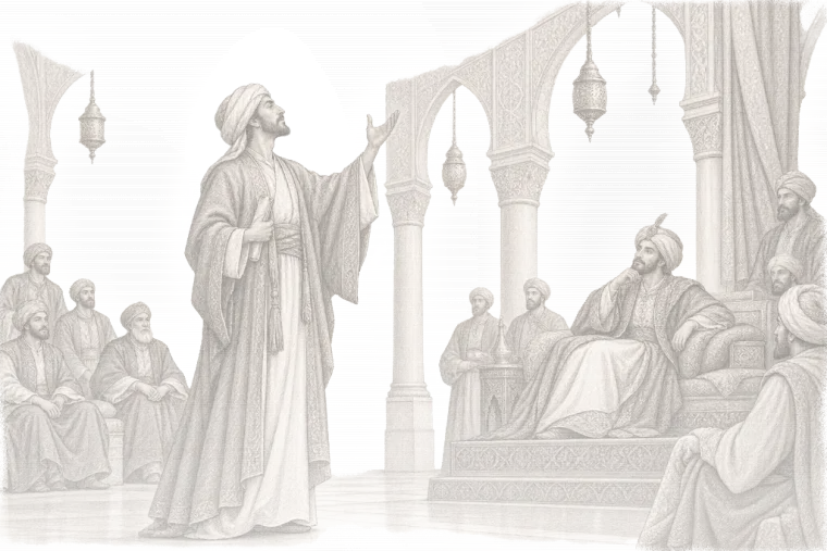رسمٌ بالقلم: شاعرٌ واقفٌ ينشد في مجلس أمير، والحاضرون يصغون.
