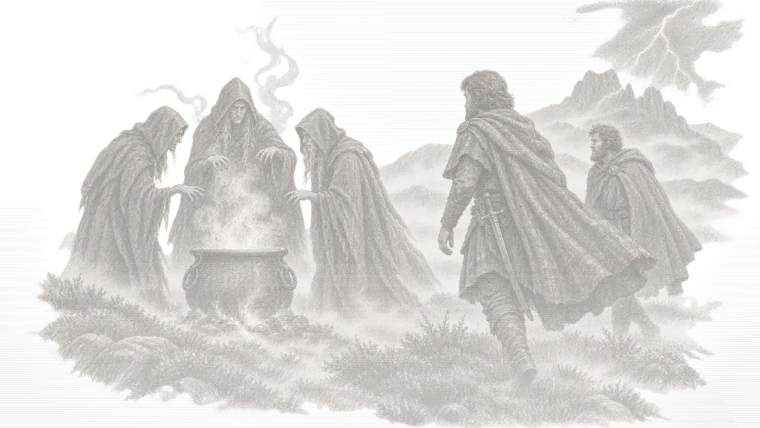 رسمٌ بالقلم: ثلاث ساحراتٍ حول قدرٍ يغلي في أرضٍ موحشة، ومحاربان يقتربان، والبرق في السماء.
