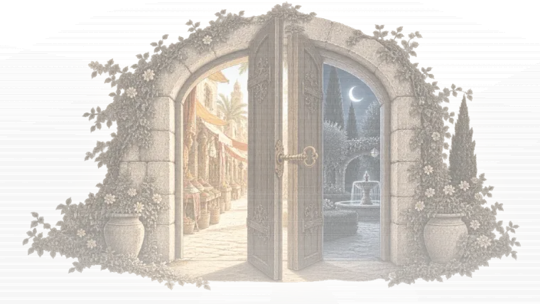 رسمٌ بالقلم: قوسٌ حجريّ يكسوه اللبلاب والزهر، وبابٌ خشبيّ مفتوح بمفتاحٍ ذهبيّ؛ من جهةٍ سوقٌ مشمس بأقمشته وأوانيه، ومن الأخرى حديقةٌ ليليّة فيها هلالٌ ونافورة.
