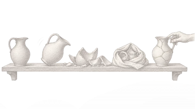 رسمٌ بالقلم: على رفٍّ خشبيّ إبريقٌ سليم، ثمّ إبريقٌ يسقط، ثمّ شظاياه، ثمّ شظاياه في صرّةٍ من القماش، ثمّ إبريقٌ أُصلح وعليه خطوطٌ ذهبيّة تمسك يدٌ بمقبضه.