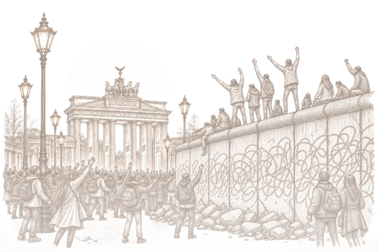رسمٌ بالقلم: جدارٌ إسمنتيّ يقطع شارعًا، وأناسٌ يعتلونه ليلة سقوطه.