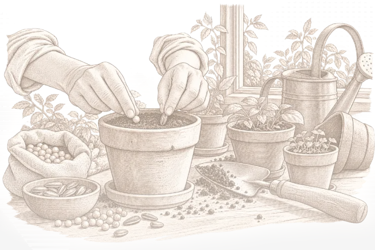 رسمٌ بالقلم: يدان تزرعان بذرتين مختلفتين في أصيصٍ فخّاريّ.