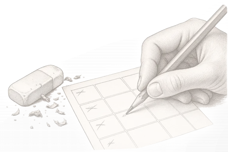 رسمٌ بالقلم: قلم رصاص يدوّن علاماتٍ صغيرة في زوايا خانات فارغة، وممحاةٌ بجانبه.