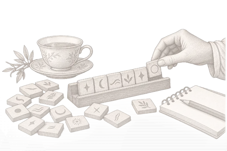 رسمٌ بالقلم: قطع حروفٍ خشبيّة مبعثرة، ويدٌ تضع قطعةً في آخر الصفّ.