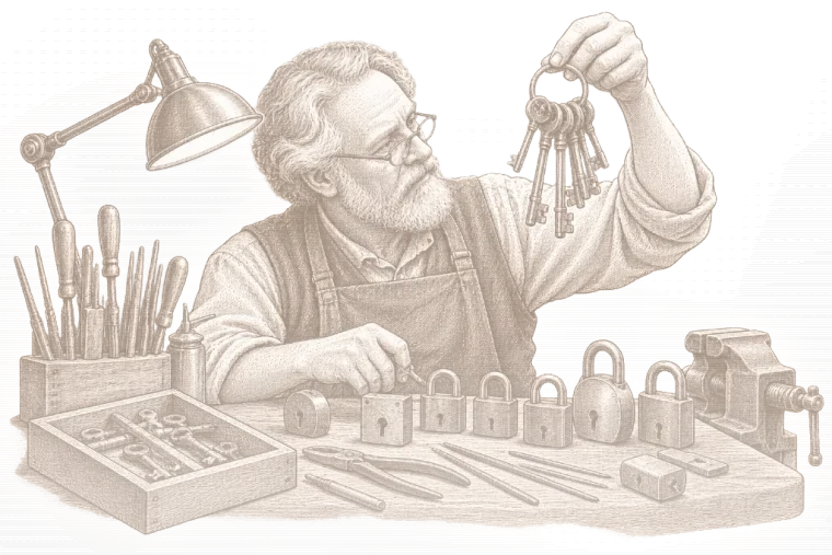 رسمٌ بالقلم: حلقةُ مفاتيح بلا علامات بين يدي صانع أقفال.